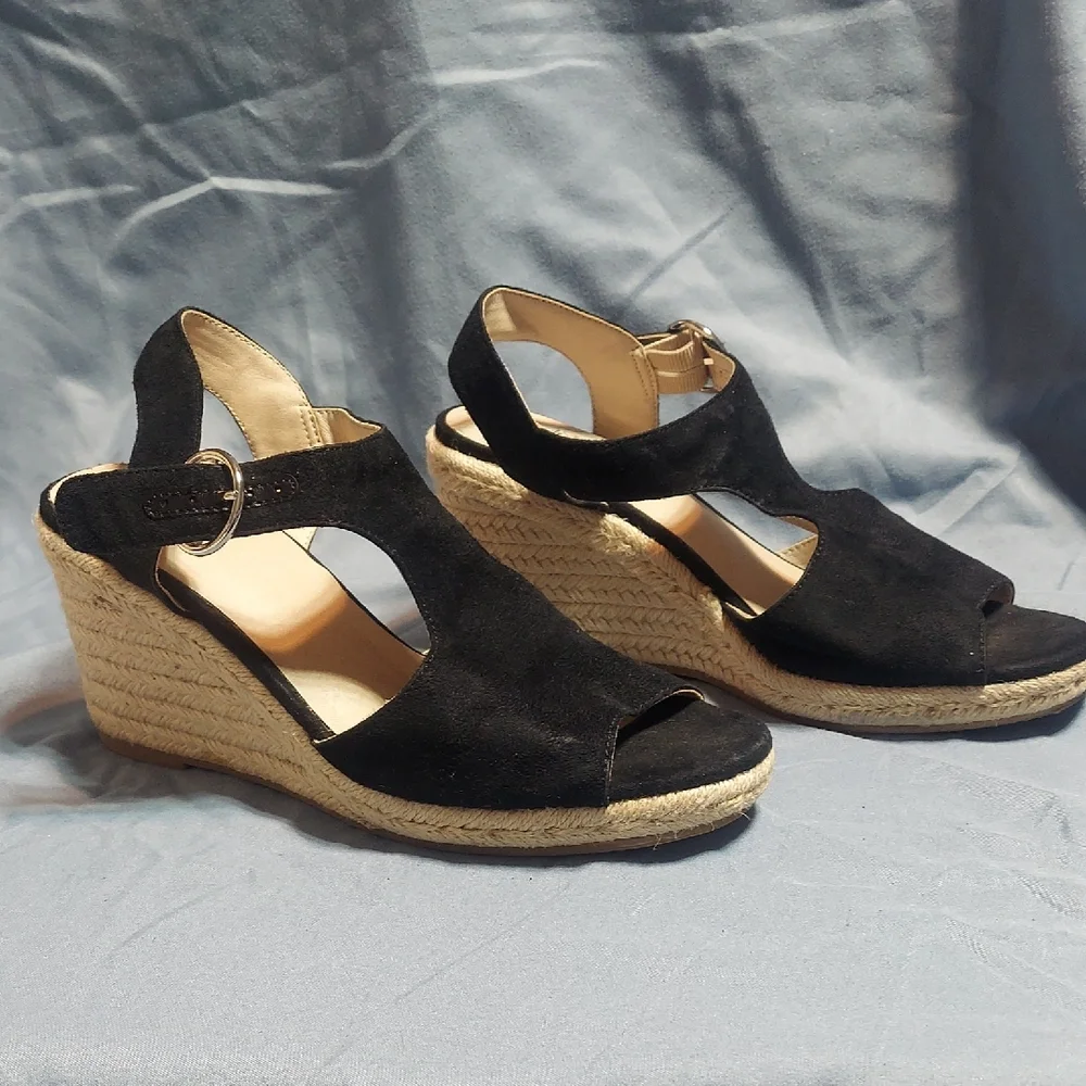 LifeStride Black Faux Suede Espadrille Wedge Sandals Open Toe Ankle Strap Size 8